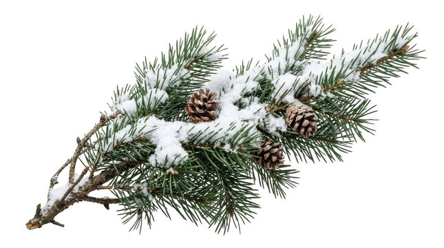 Green pine tree branch with snow and brown pine cones isolated on transparent background