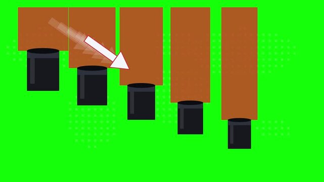 Motion Graphic of Oil Barrels and Brown Bars with Downward Arrow Signifying Market Recession on Green Screen