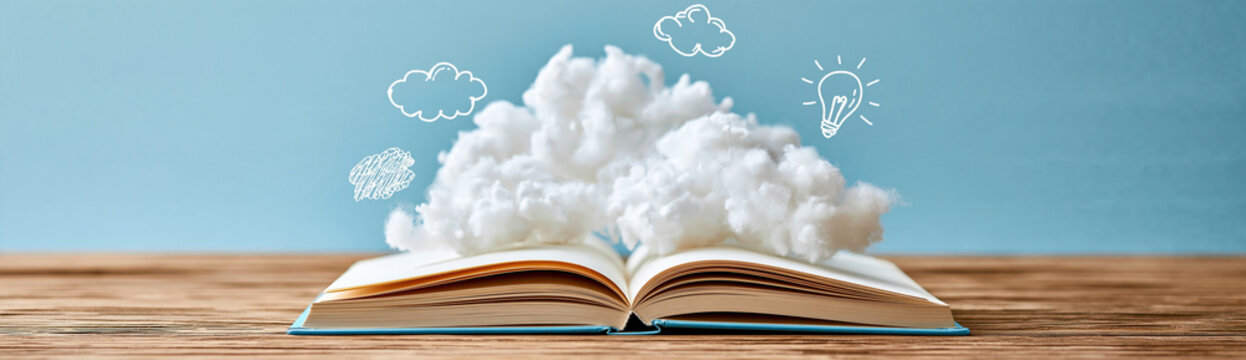 An open book on a wooden surface with a cloud rising from its pages, surrounded by doodles of a lightbulb, cloud, and rain, symbolizing imagination and creativity.