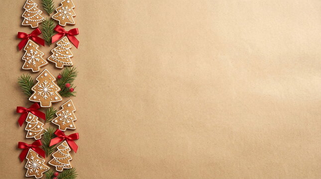 Christmas gingerbread cookies shaped like trees on brown paper