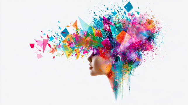 A vibrant artistic profile of a human head exploding with colorful geometric shapes, paint splashes, and abstract patterns symbolizing creativity and imagination.