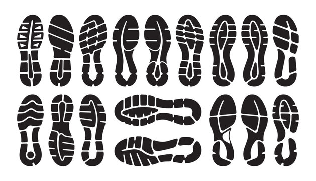 Set of black shoe sole prints and sneaker tread patterns for footwear