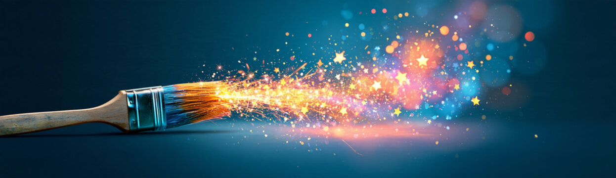 A paintbrush emits sparkling particles and glowing light effects on a dark blue background, creating a magical and creative visual.