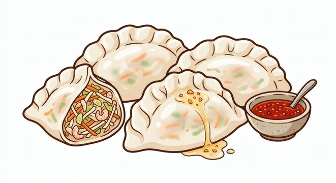 Cute vector illustration of traditional Pontianak Choi Pan steamed vegetable rice cakes served with spicy chili dip sauce. Ideal for Indonesian street food graphics, dim sum menus, and culinary brandi