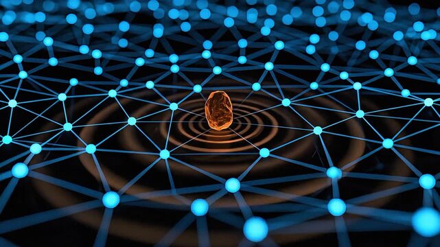 Abstract Digital Network with Glowing Blue Nodes and Central Orange Object Impact