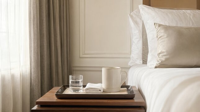 Elegant Luxury Hotel Concept Featuring Morning Coffee Tray Served on a Bedside Table With Copy Space