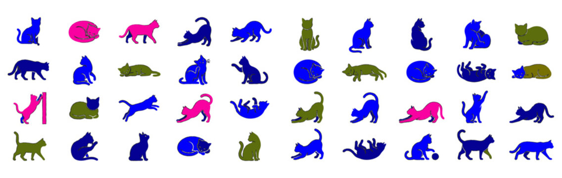 Collection of various cat breeds in different poses displayed as colorful