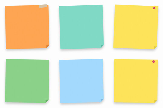 Six colorful sticky notes arranged in two rows of three on a flat surface isolated on transparent background