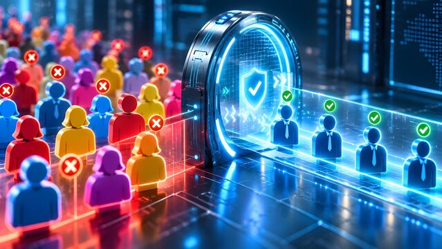 Digital screening process selects qualified candidates from a crowd of people icons representing data analysis and selection
