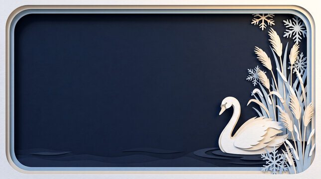 Papercraft swan swimming on snowy winter lake with pine trees and copy space, card banner