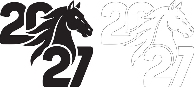 2027 new year greeting card design with horse head silhouette for