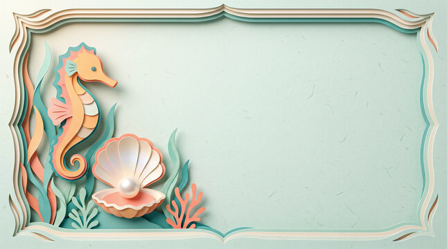 Papercraft seahorse with pearl shell and coral reef in ocean with copy space, card banner