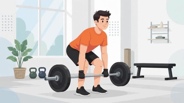 Male athlete performing deadlift workout with heavy barbell in gym