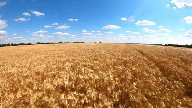 Golden wheat field waving in the wind under a blue sky with white clouds in the summer countryside
