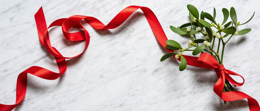 Mistletoe bundle tied with a flowing red ribbon on a white textured surface