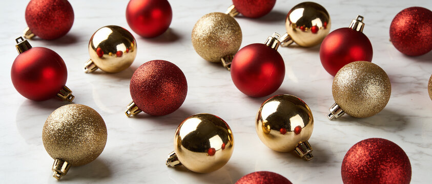 Assorted red and gold spherical Christmas baubles scattered on a white wooden surface