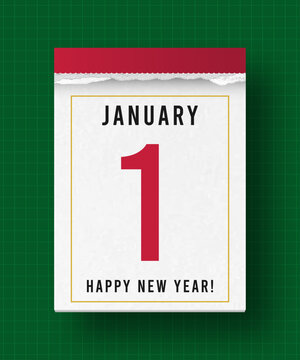 New Year greeting card with tear-off calendar showing January 1st. Happy New Year concept for greeting card, banner, poster and social media. Festive green background. Vector.
