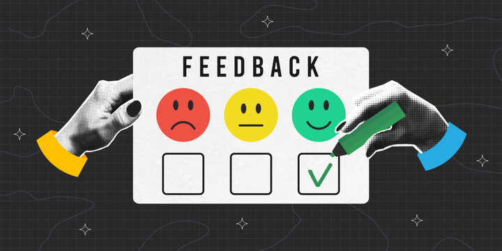 Collage design of fedback concept. Halftone hand putting checkmark under the selected emoji in a feedback form. Collage design with halftone elements. Vector.