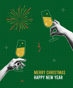 New Year and Merry Christmas collage design with hands are holding champagne glasses. Halftone collage hands with glasses and fireworks on festive green background. Greeting card design. Vector