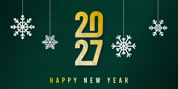 2027 New Year greeting card with festive knitted green background and crumpled paper snowflakes. Happy New Year concept for greeting card, banner, poster and social media. Vector.