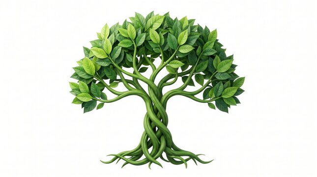 A stylized green tree with an intricately twisted trunk on a white bac