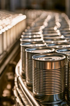 Cans with ring-pull lids move along metal rails in a canning production line. The focus is on the nearest cans, while others recede in the background