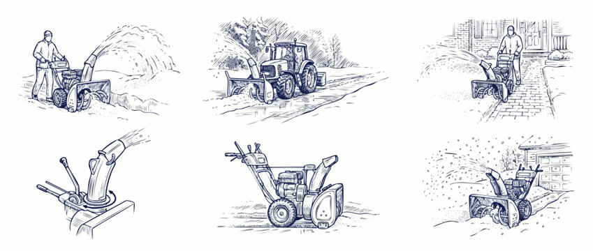 Snow blower machine sketch set showing man operating snowthrower to clear winter driveway and tractor removing heavy snow isolated line art drawing vector illustrations for winter yard maintenance equ