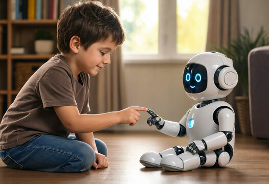 A curious young boy reaches out to touch a cute robot with a smiling, friendly digital face. Heartwarming moment of connection between a child and artificial intelligence technology