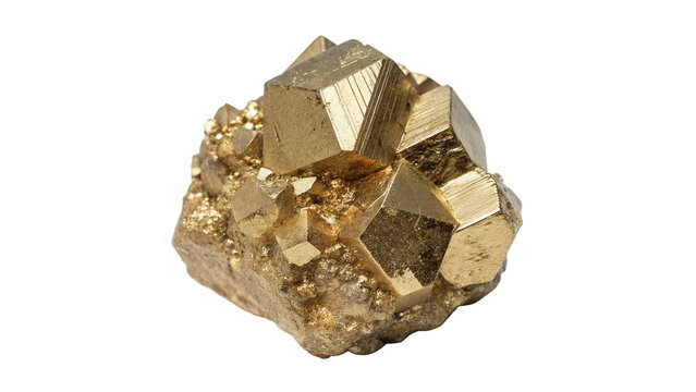 Raw natural shiny golden pyrite fool gold mineral crystal geological specimen, isolated on transparent background.