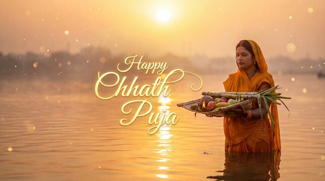Happy Chhath Puja festival banner with typography, woman devotee offering arghya to the rising sun in holy river