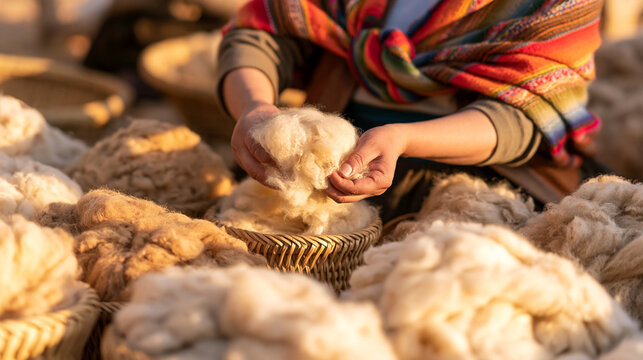 Hands sort raw alpaca wool by shade into a woven basket, warm golden Andean light highlighting authentic textile craft and traditional heritage.