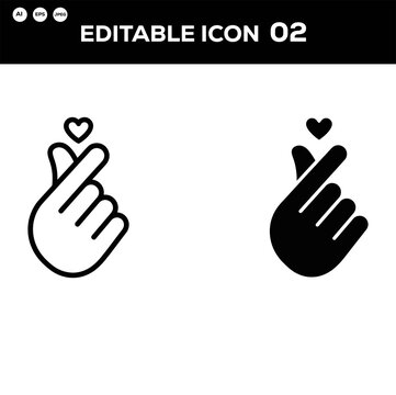 Finger heart gesture icon set, Korean love sign, hand symbol with heart, flat vector illustration