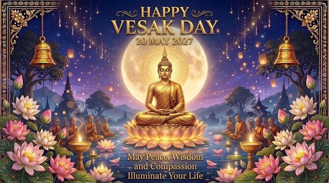 Happy Vesak Day 2027 Greeting Card with Golden Buddha, Full Moon and Lotus Flowers