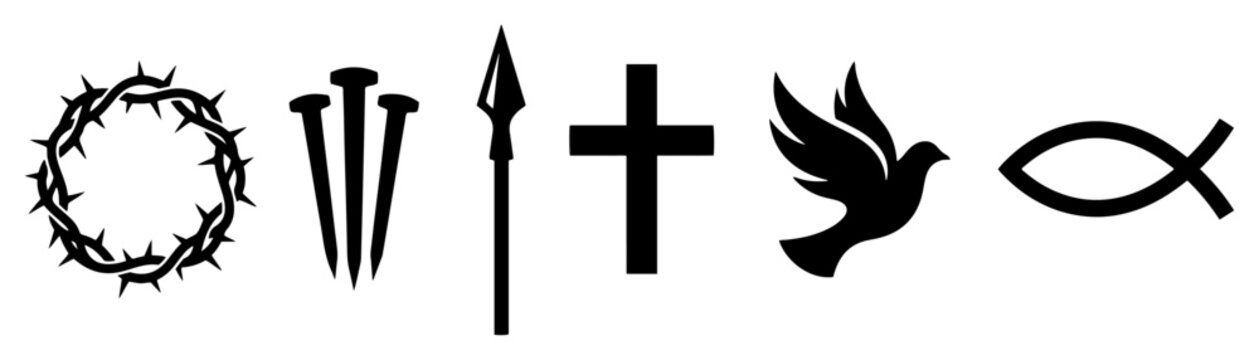 Christian crucifixion symbols with crown of thorns three nails spear cross dove and Ichthys fish in bold black silhouette vector icon set