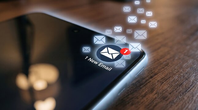Email notification alert on a modern smartphone screen with multiple digital envelope icons floating above the device on a dark wooden desk surface representing the concept of digital communication