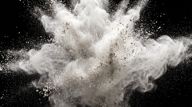 White flour powder explosion frozen in motion on black background, dynamic dust burst with copy space