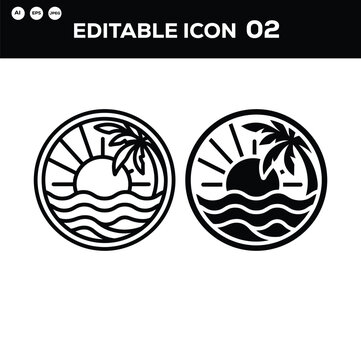 Tropical Beach Sunset Icons Featuring Palm Trees and Ocean Waves in Circular Frames