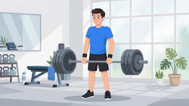 Man performing deadlift with heavy barbell in bright gym studio