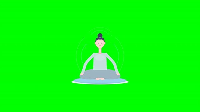 A grid of minimalist female characters practicing meditation in lotus pose against a solid chroma key green background. Ideal for mental health and wellness video content.
