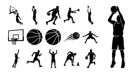 Basketball player silhouettes set with players dunking, shooting and dribbling for sports logos and icons © sakil