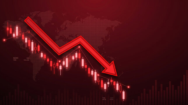 Red arrow shows inflation and economy decline with falling market chart. Financial crisis recession. stock price increase falling, bankruptcy risk loss, chart graph statistic