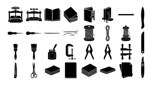 Bookbinding tools and materials silhouettes set with press, awls, needle, thread, clamps and paper for craft and DIY logo