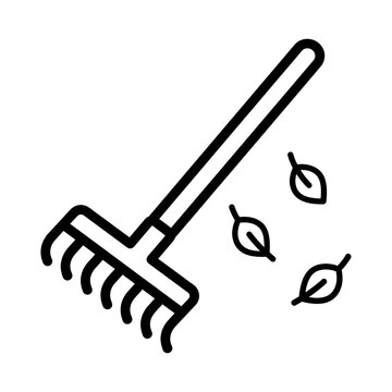 Black line icon of a garden rake with falling leaves isolated on a