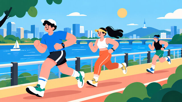 Flat illustration of active people jogging along city river park track for healthy lifestyle Group of young runners jogging outdoors by the river on sunny day flat vector. Generative AI