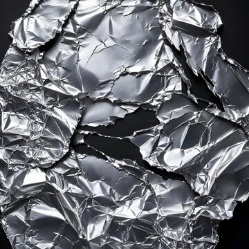 Crushed aluminum foil with jagged edges is displayed against a dark background crumpled wrinkled metallic