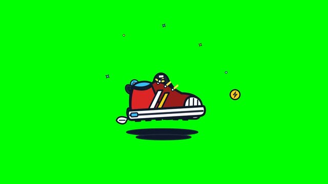 Clean 2D vector animation of a pair of student school sneakers walking, hopping, and flexing with dynamic shoelaces and motion accents on a solid chroma green (#00FF00) background. Mathematically seam