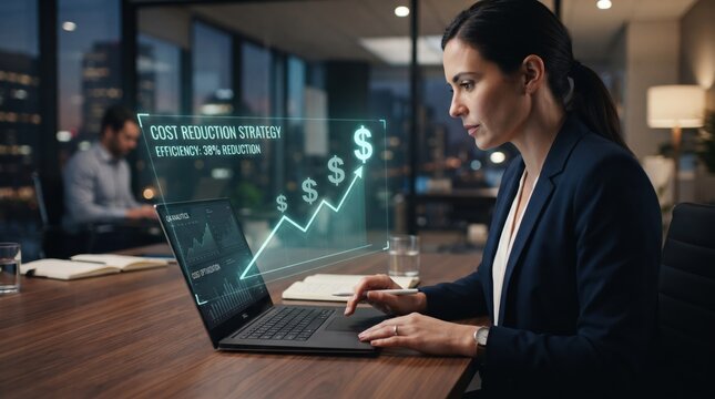 Businesswoman analyzing financial growth data on a laptop with a holographic interface showing a rising cost reduction strategy chart with dollar signs in a modern office at night during overtime work