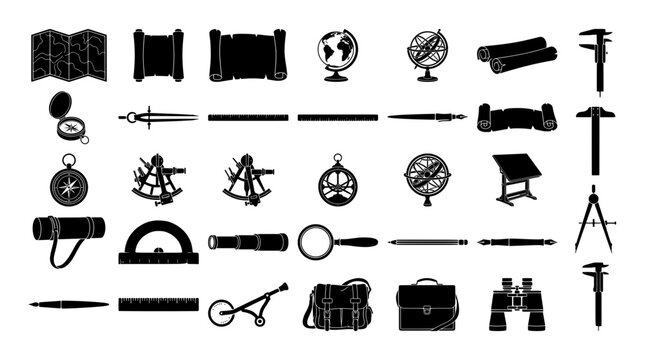 Cartography and navigation tools silhouettes set with compass, globe, sextant, telescope, map and ruler for travel and education logo