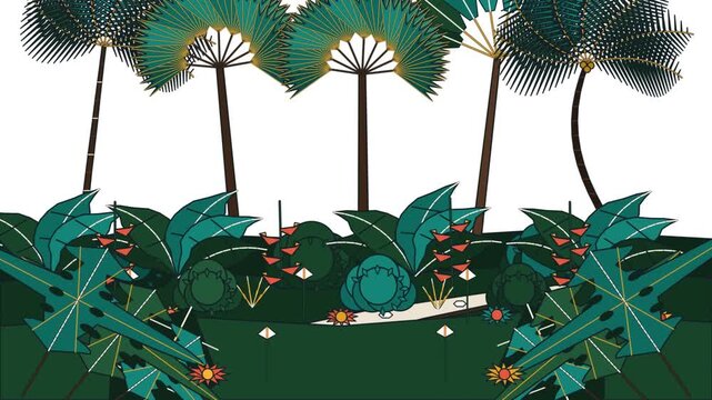 Stylized Tropical Garden Scene with Palm Trees and Lush Foliage