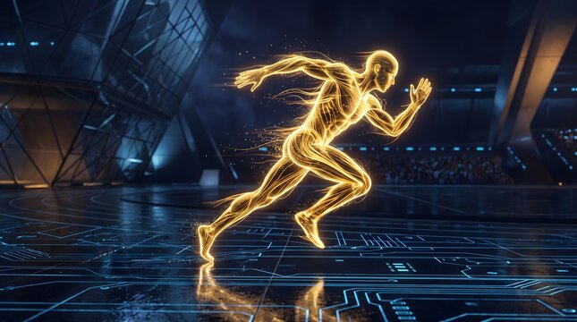 Glowing digital human figure sprinting on a futuristic cyber surface